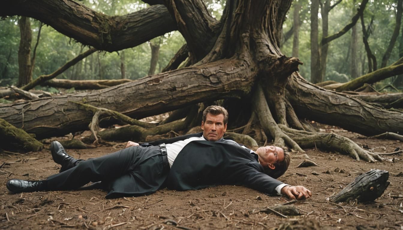 Pierce Brosnan as James Bond Under Fallen Tree