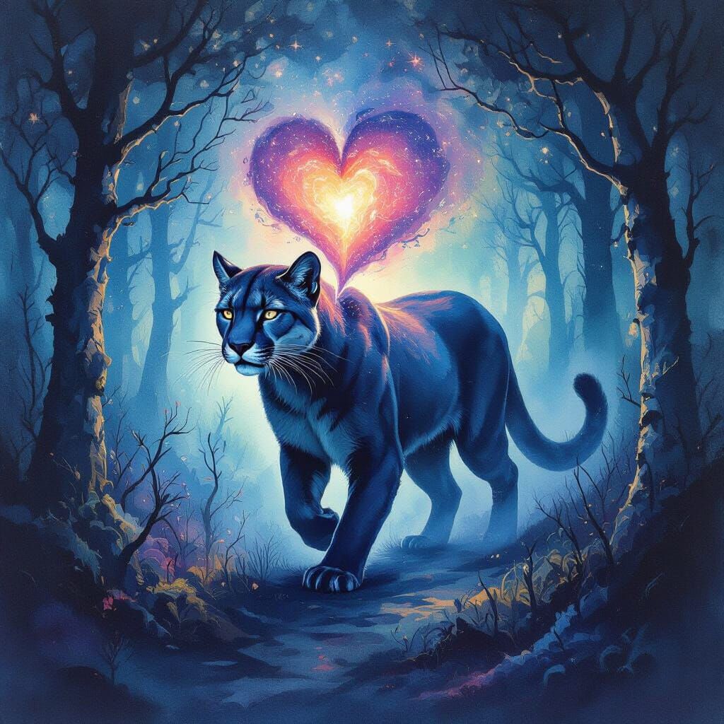 Surreal Puma with Nebula Head in Abstract Forest