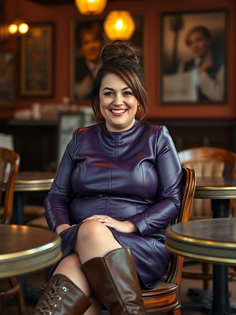 Brunette in Purple Leather Dress at Cafe