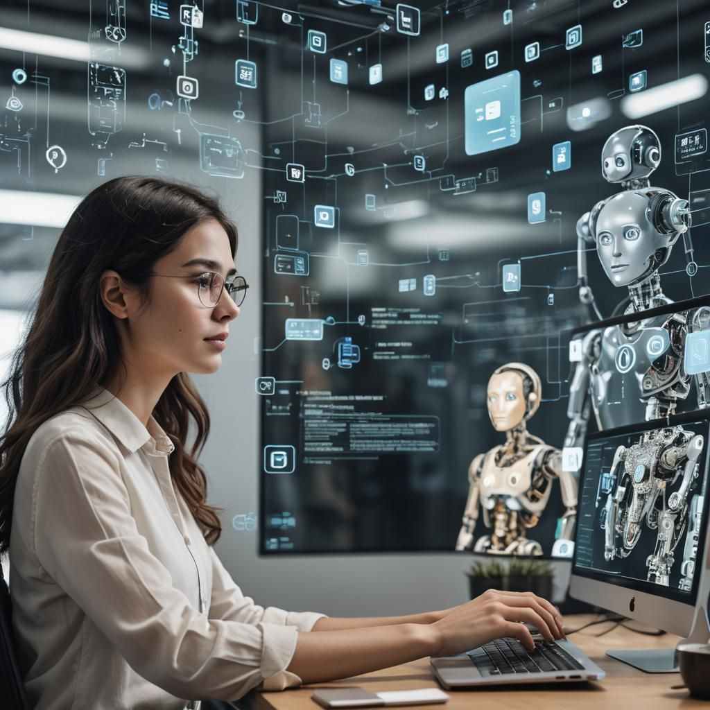 Woman and AI Chatbot Image on Screen