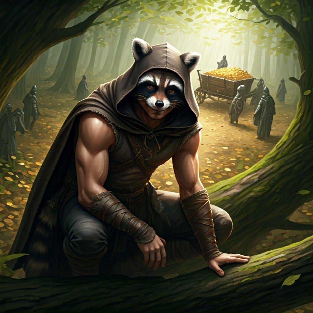Hooded Warrior Observes Gold Wagon in Forest