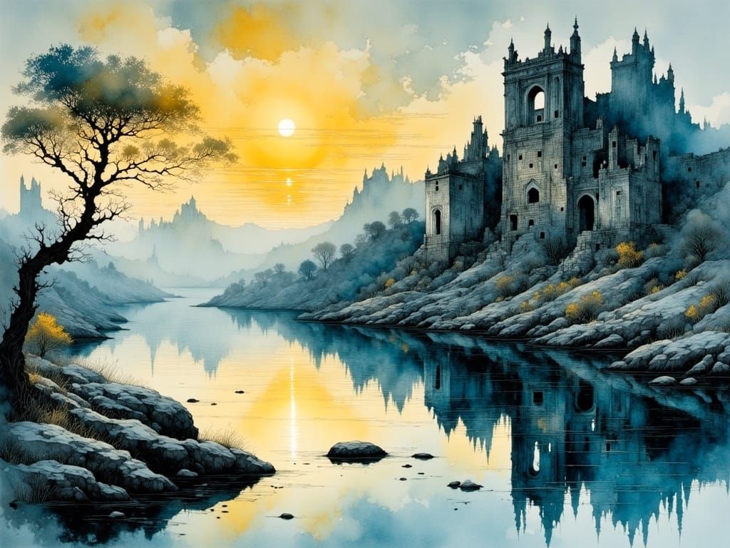 Ethereal Arabian Ruin Landscape Captured in Sunset Reflectio...