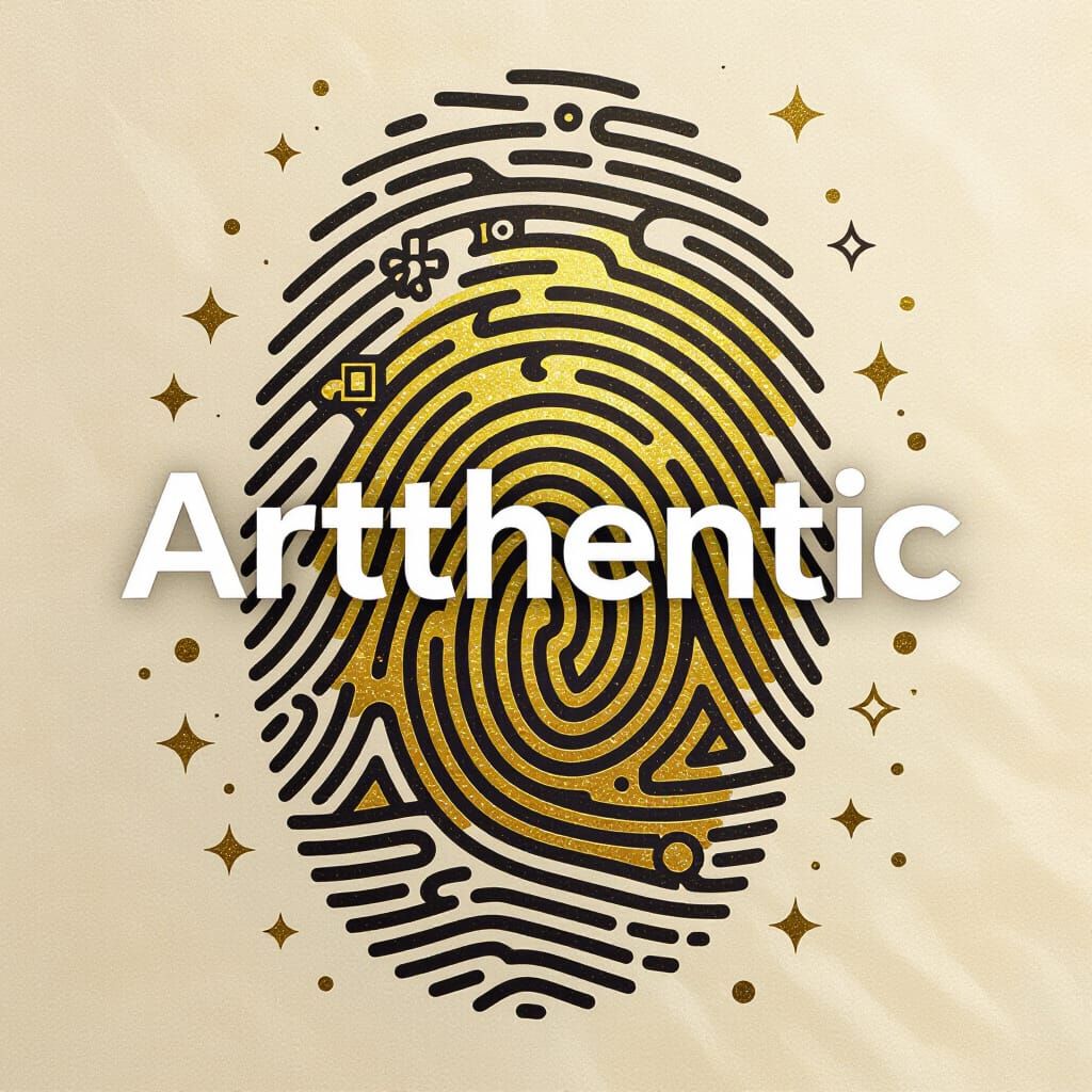 Golden Fingerprint Logo with Art Symbols and 'Artthentic'