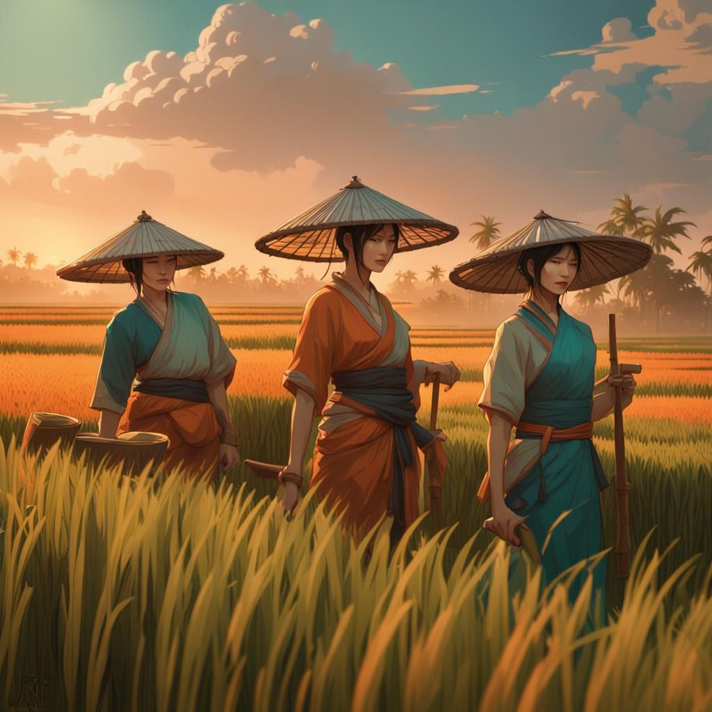 Asian Workers in Rice Field: Hyperdetailed Concept Art