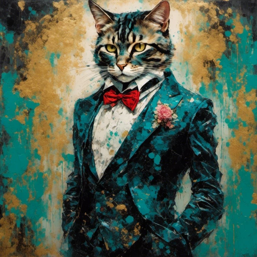 Cyborg Cat in Suit: Vintage Oil Painting