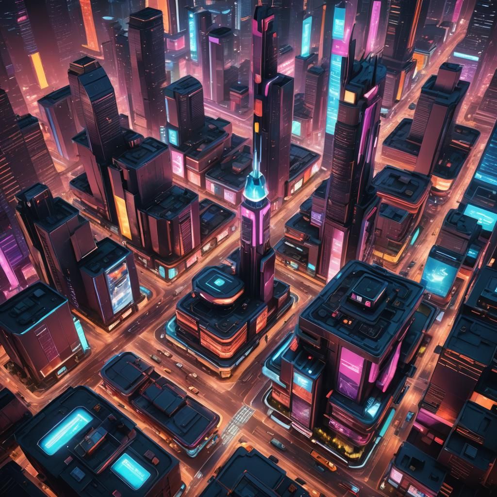 Neon-Lit Futuristic Cityscape in 3D Game Style