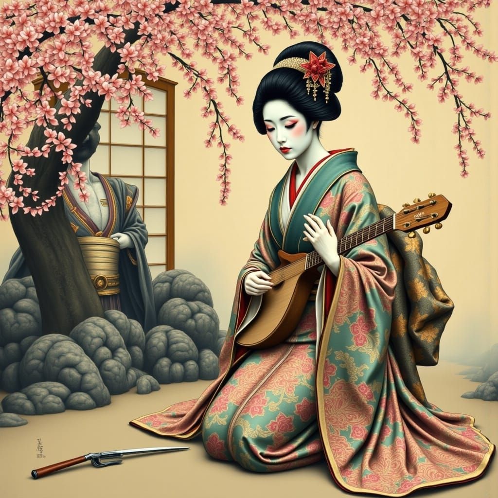 Exquisite Geisha in Traditional Japanese Kimono, Playing Sam...