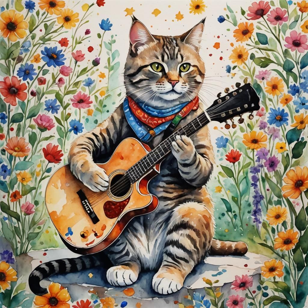 Un hermoso cuadro en acuarela, representado con intrincados detalles, de un gato tocando guitarra, obra de arte, ilustra...