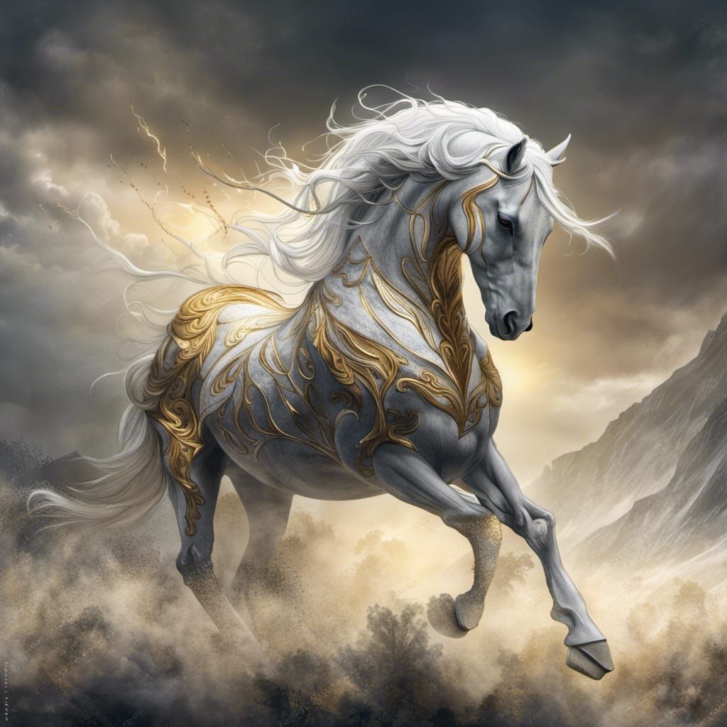 Majestic White Horse with Silver Veins, Fantasy Art
