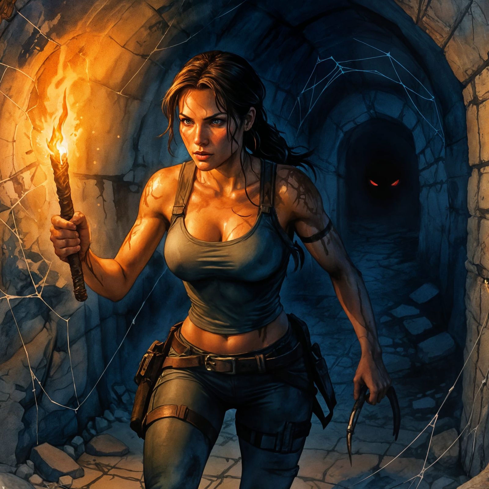 Lara Croft in Eerie Ancient Tunnel, Watercolor Comic Style