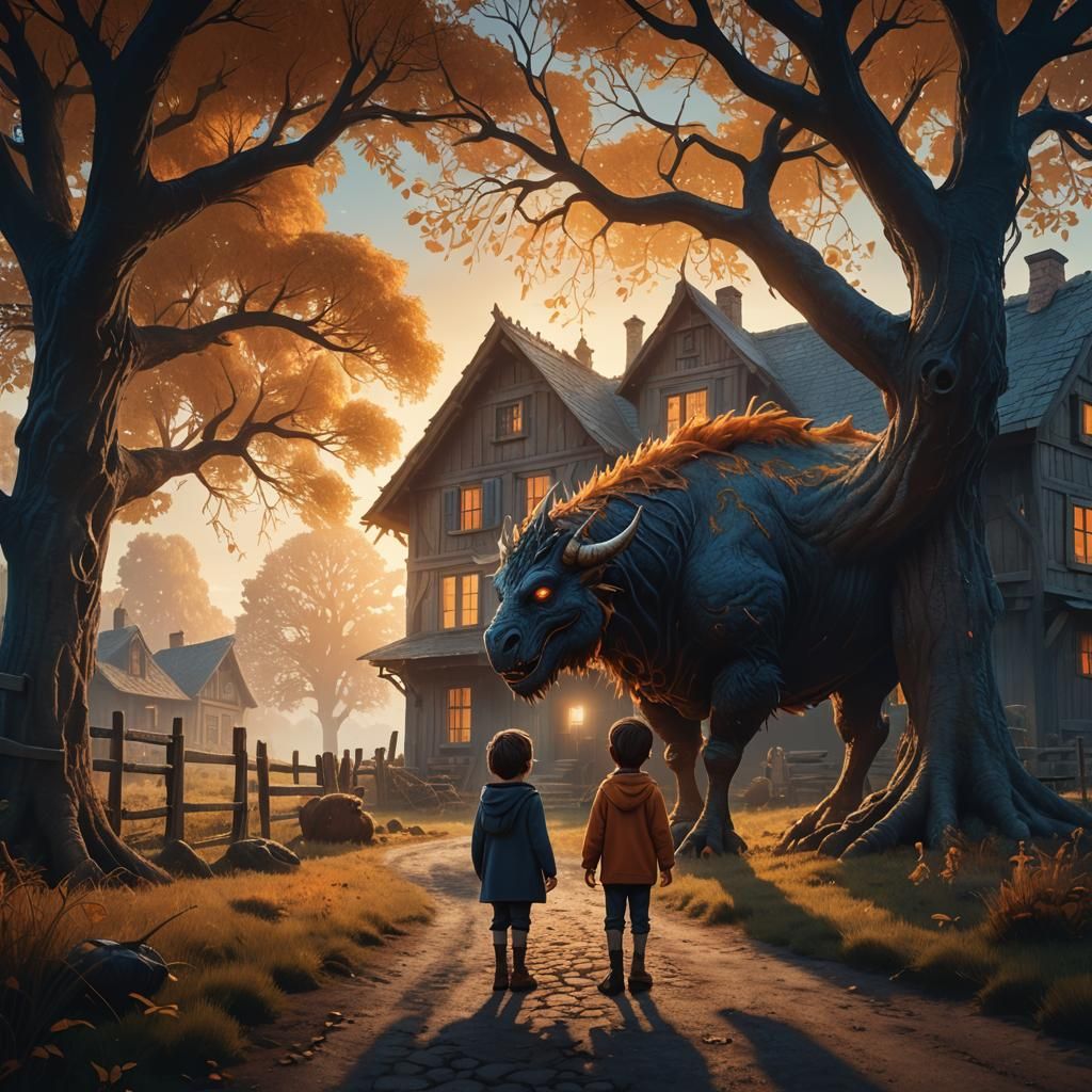 Child Befriends Gentle Monster in Countryside: Digital Art