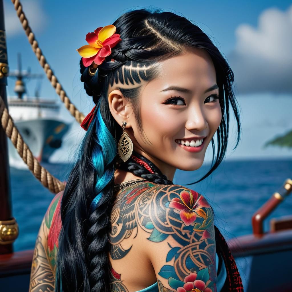 Asian Pirate Woman with Intricate Tattoo in Anime Style