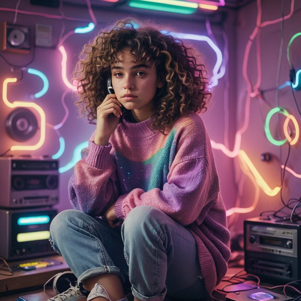Dreamy 80s Girl with Walkman in Neon Hues