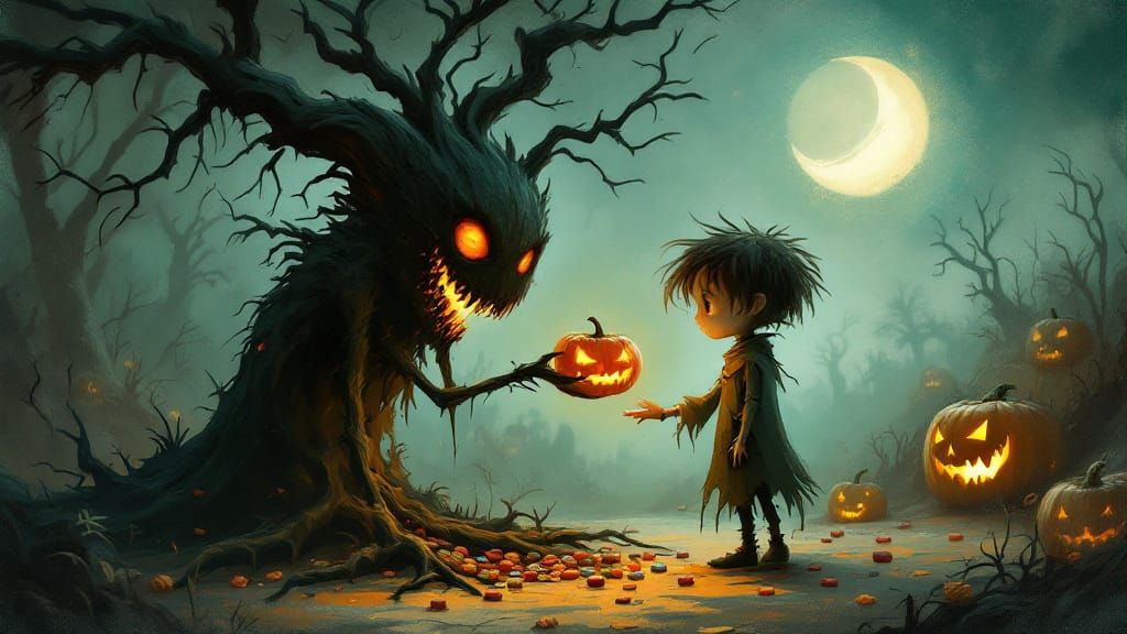 Whimsical Halloween Scene in Tim Burton Style