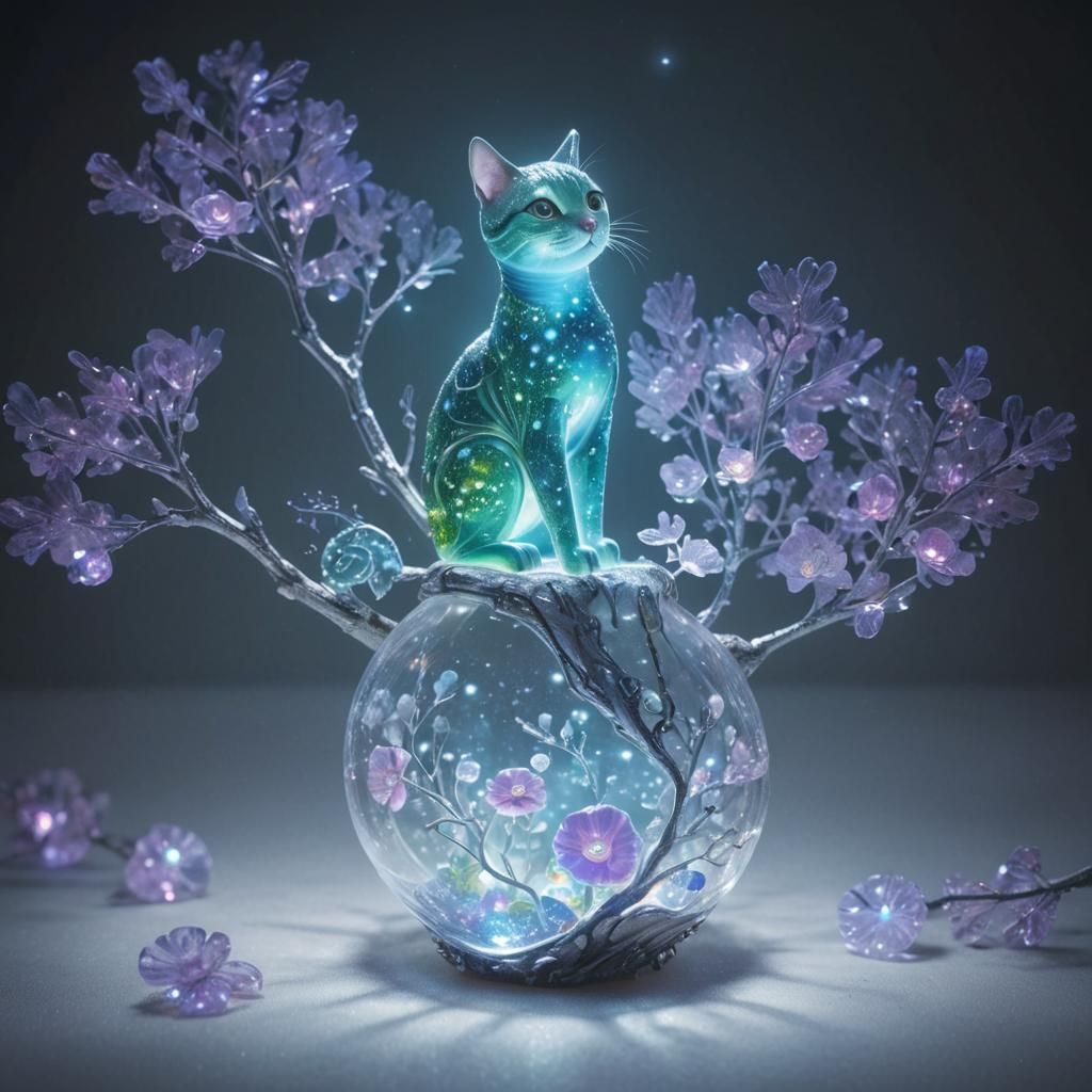 Crystal Cat and Snail Sculpture in Night Forest