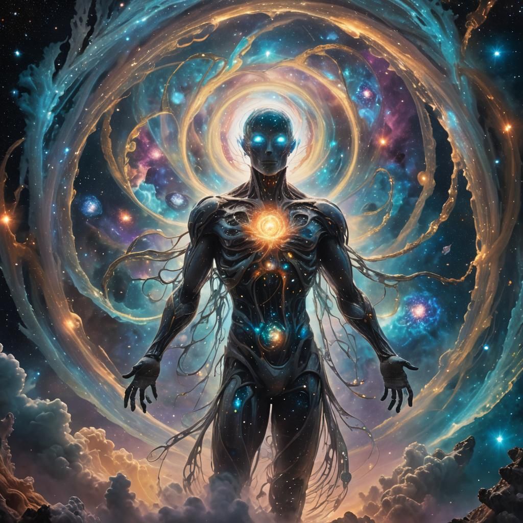 Cosmic Humanoid Figure in Surreal Vortex