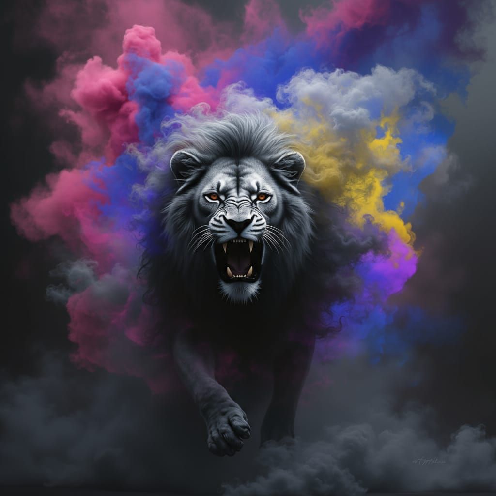 Lion Made of Smoke Lunging Forward in Surreal Style