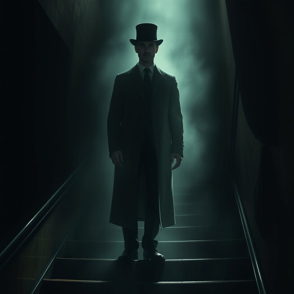 Eerie Gentleman Fades on Dim Staircase