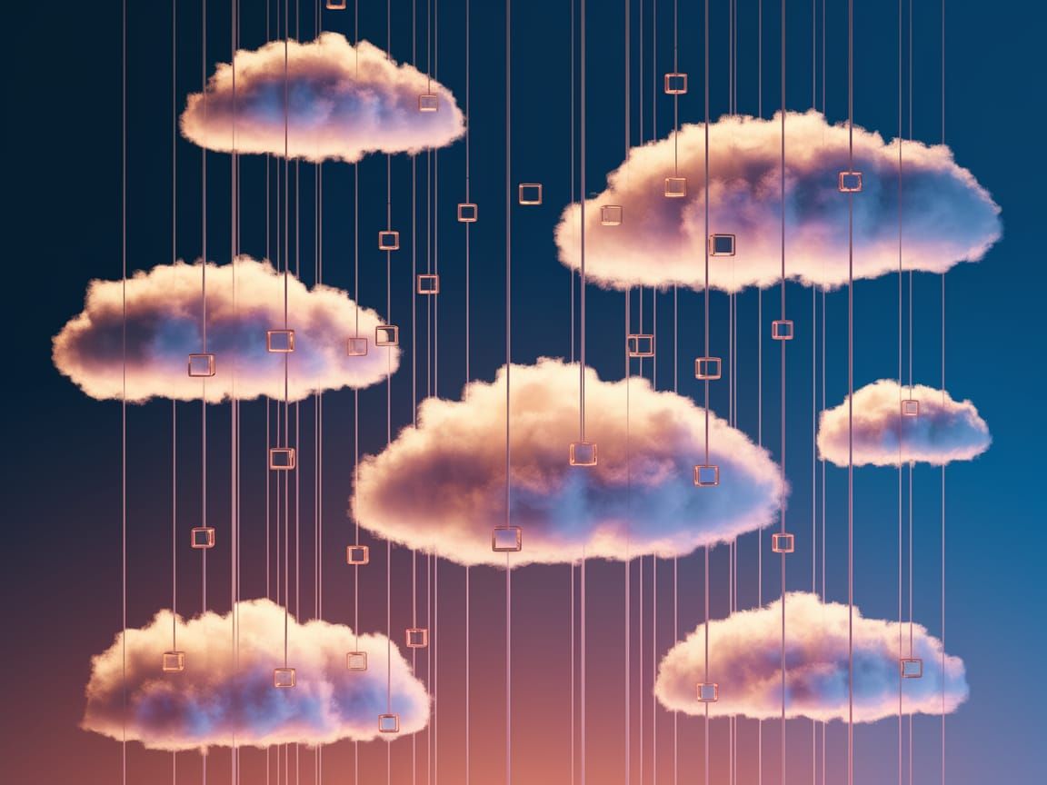 Dreamlike Clouds and Golden Cubes in Digital Art