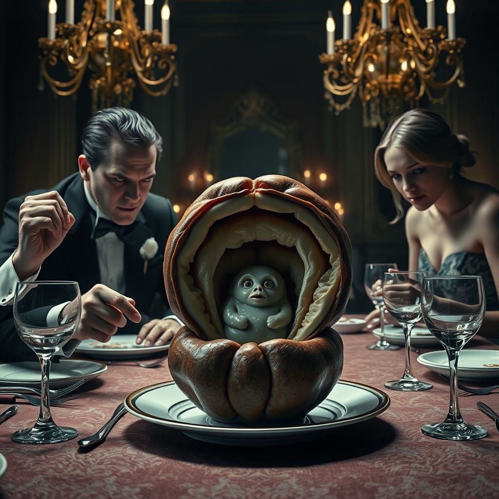 Surreal Dining Scene with Grotesque Delicacy