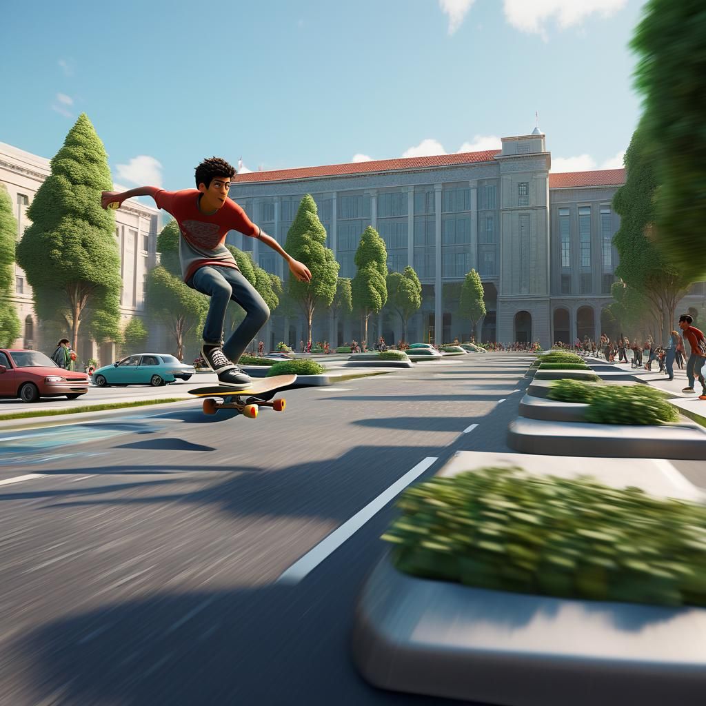 Boy Skateboarding Jump on Campus as 3D Digital Art