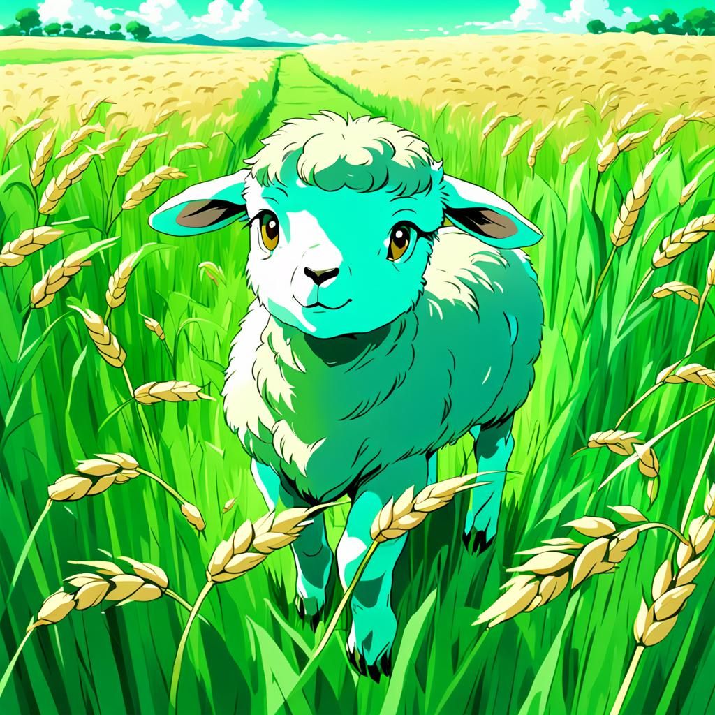Mint Green Lamb in Wheat Field: Ghibli Anime