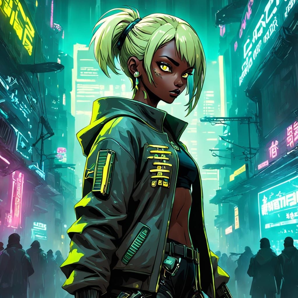 Cyberpunk Goddess of Honor in Green Business Suit