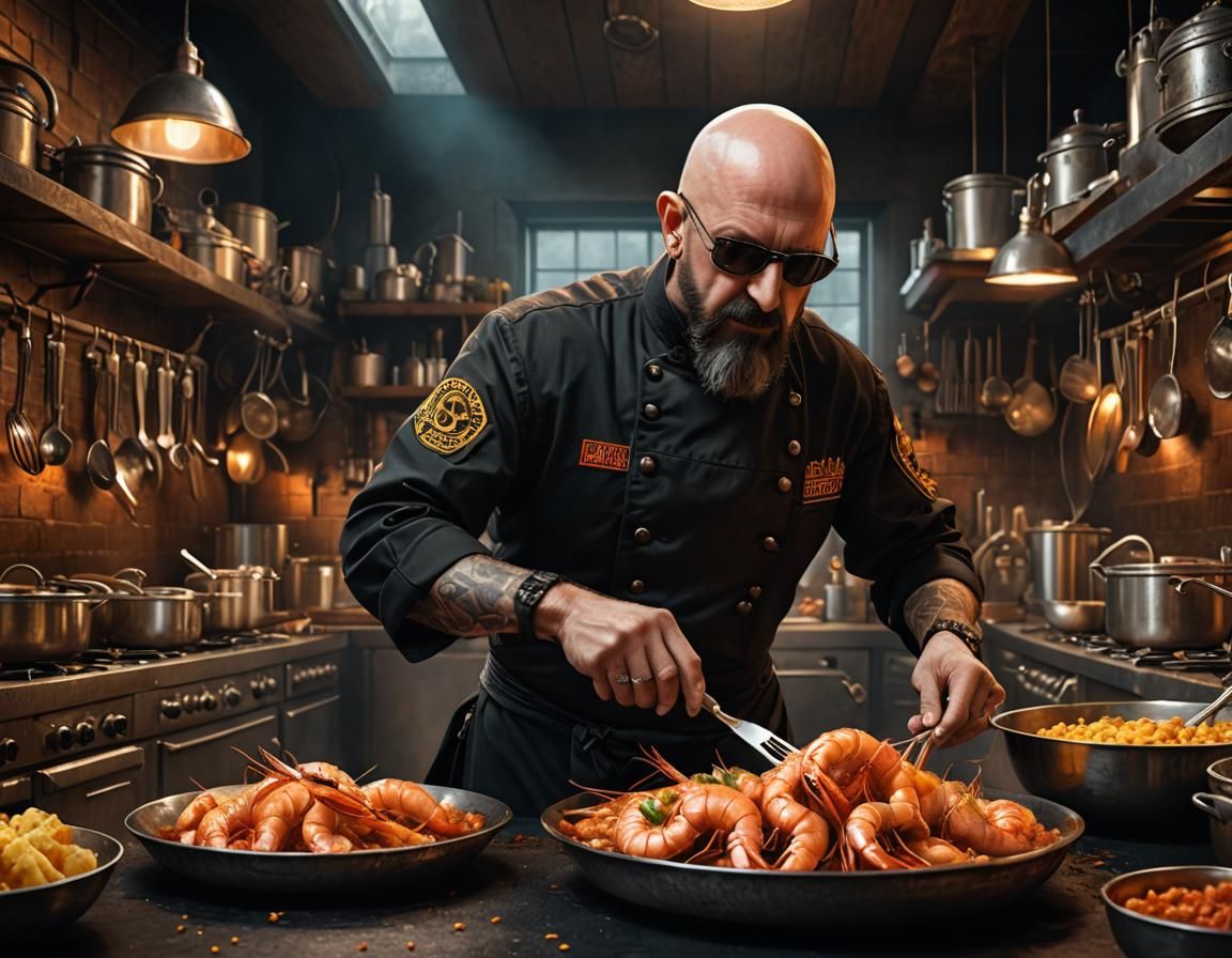 Chef Rob Halford Baking Prawns: Detailed Fantasy Art