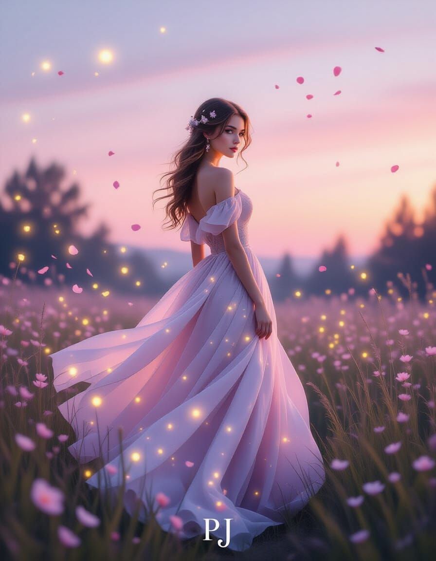 Dreamy Meadow Scene: Ethereal Woman in Pastel Twilight