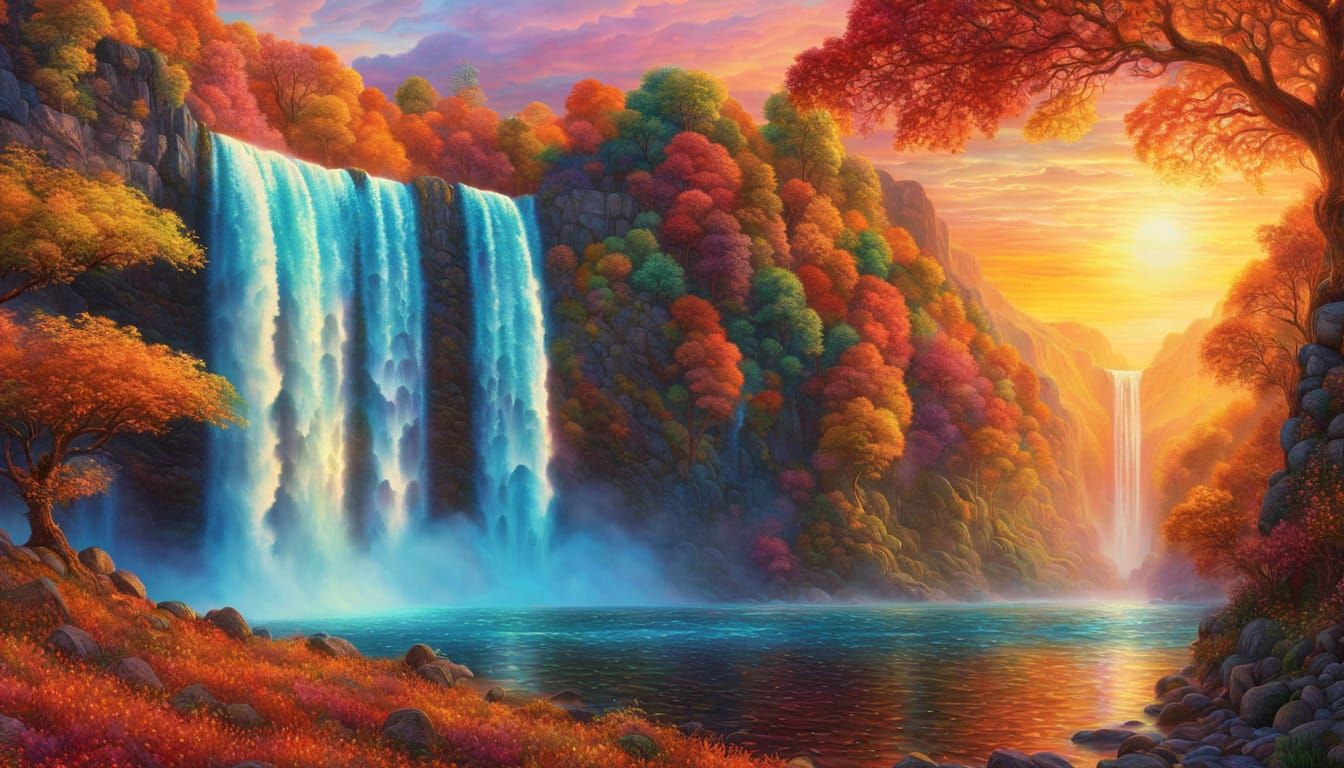 Psychedelic Autumn Waterfall at Sunset in Pointillism Style