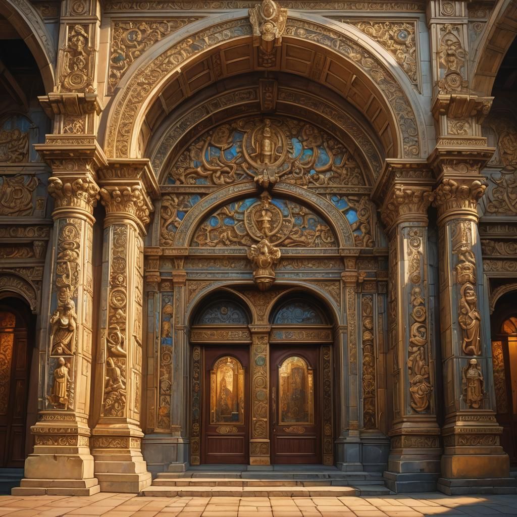 Ornate Temple Entrance in Golden Light: Oil Painting