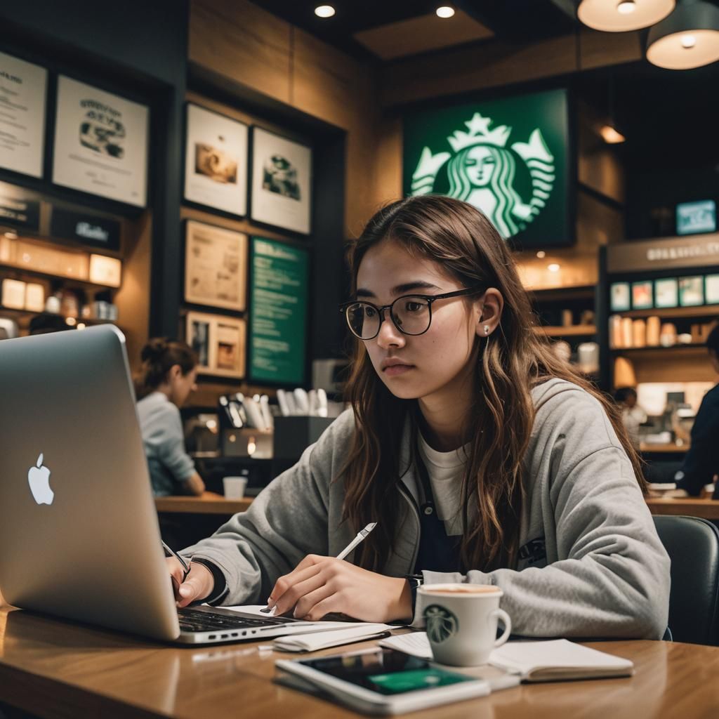 Student Studying at Starbucks in Cinematic Style
