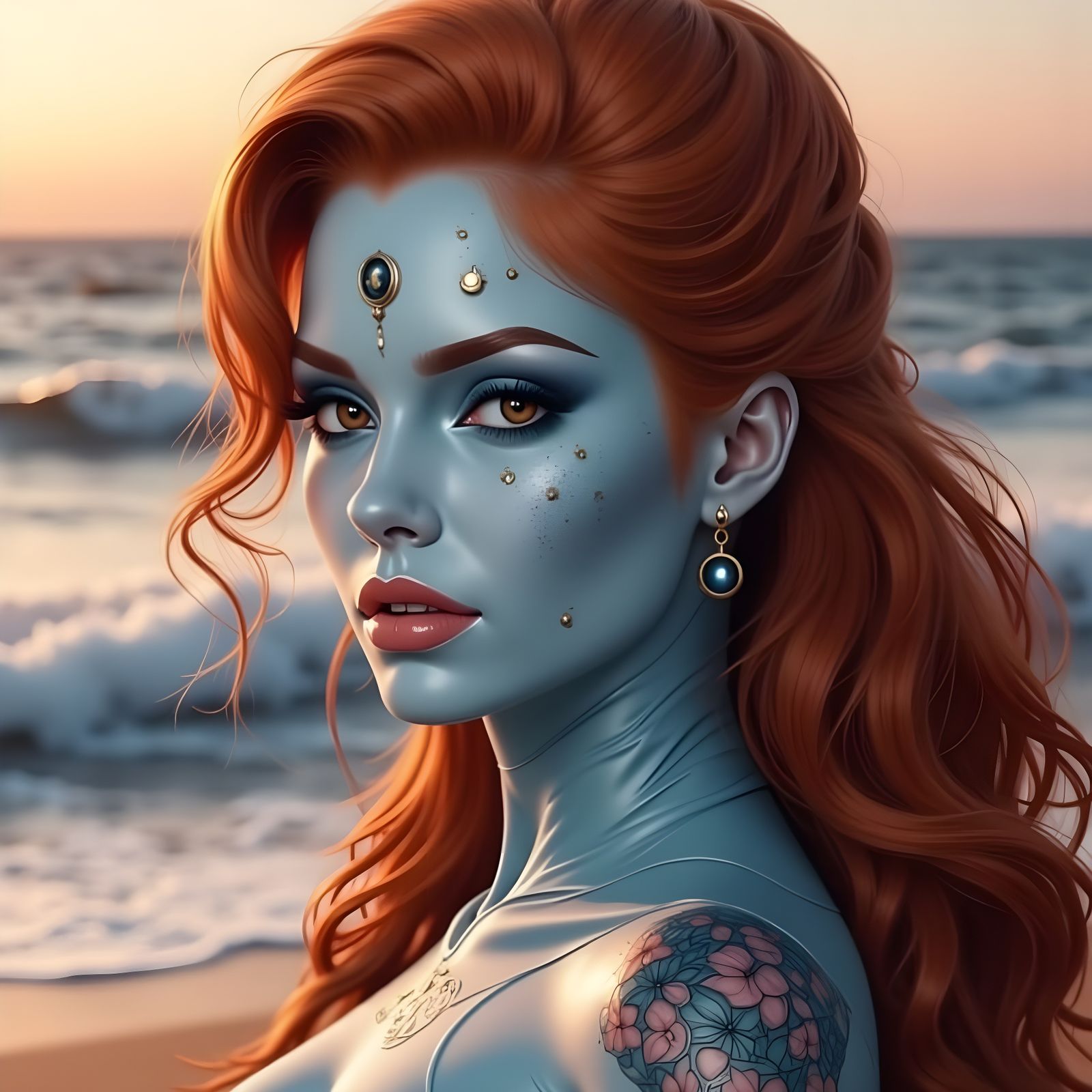 Fantasy Woman with Red Hair on Beach