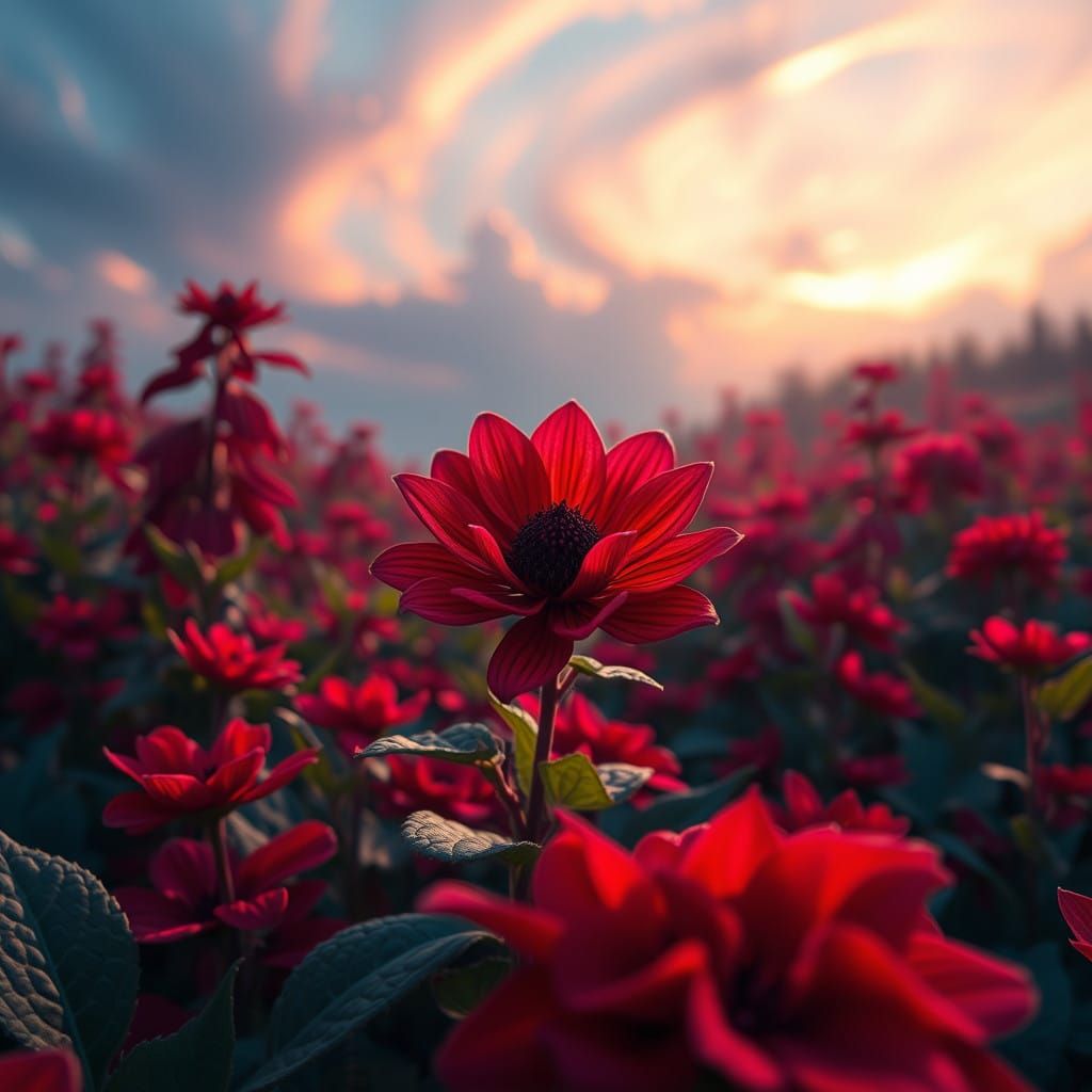 Mystical Bloodrose Blooms in Ethereal, Ruby Gardens