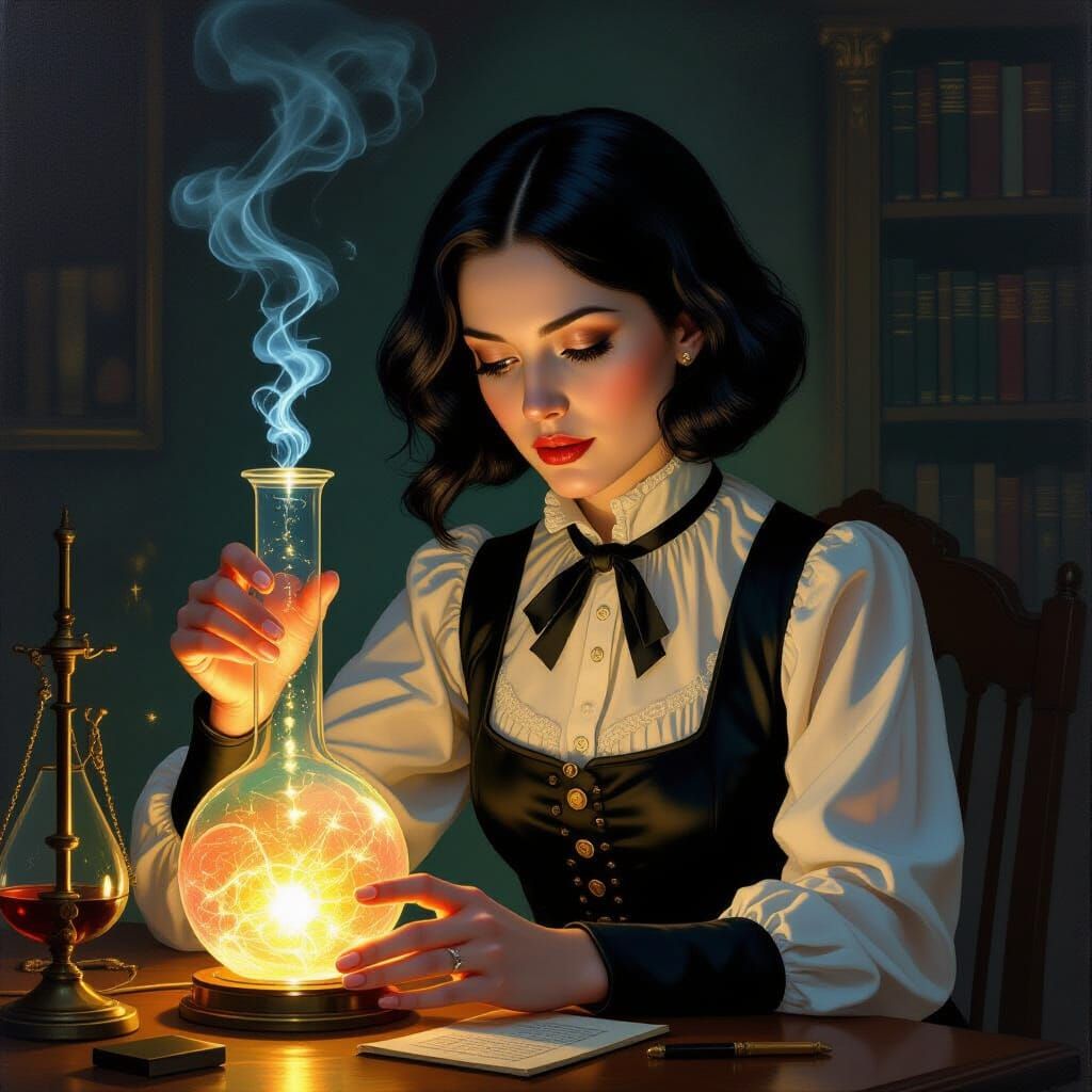 Victorian Scientist and Glowing Experiment in Oil Painting