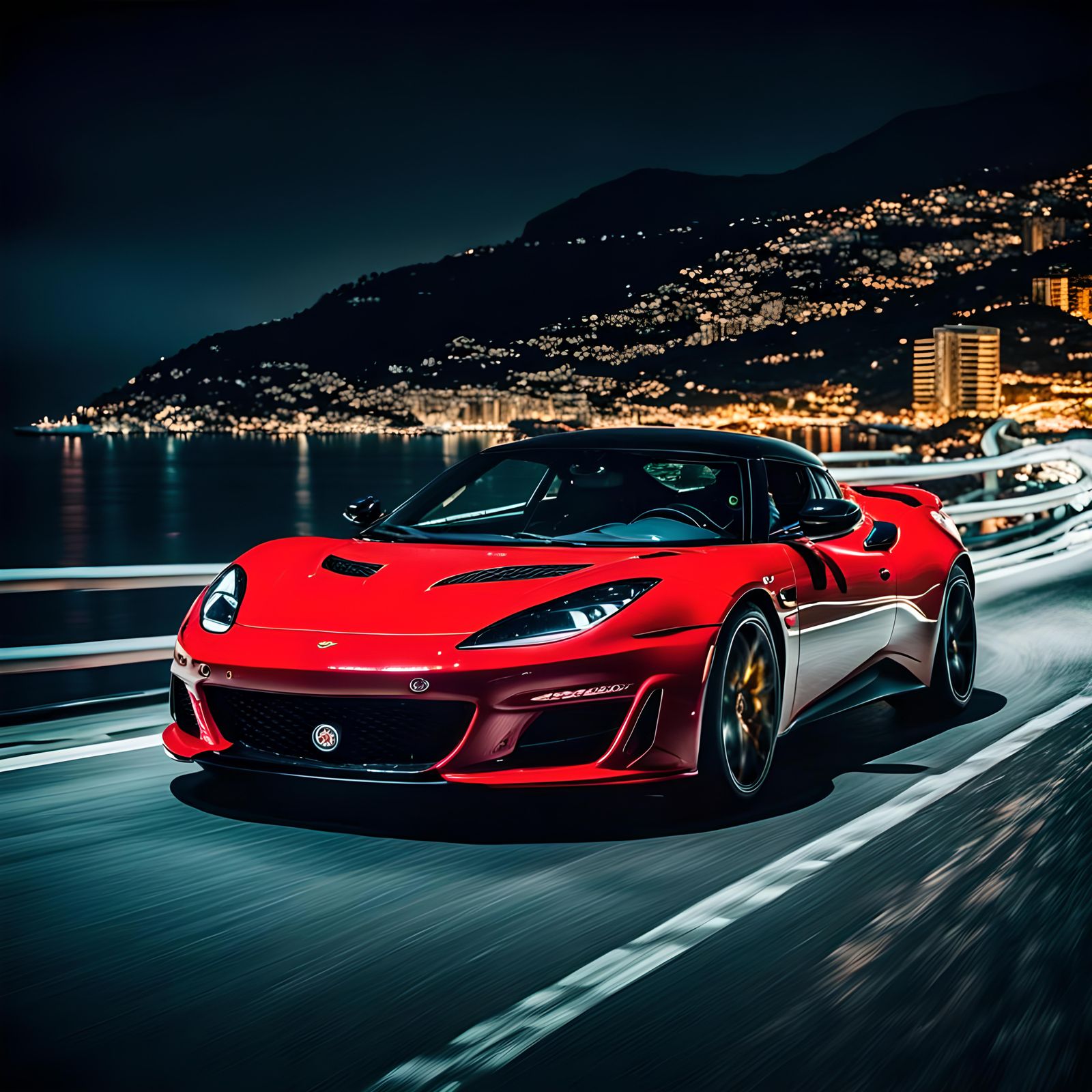 Red Lotus Evora GT at Monaco Bay Night