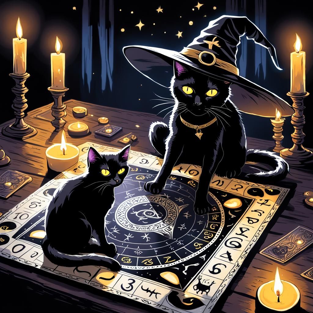 Glittering Cat Conjuring Spirits on Ouija Board