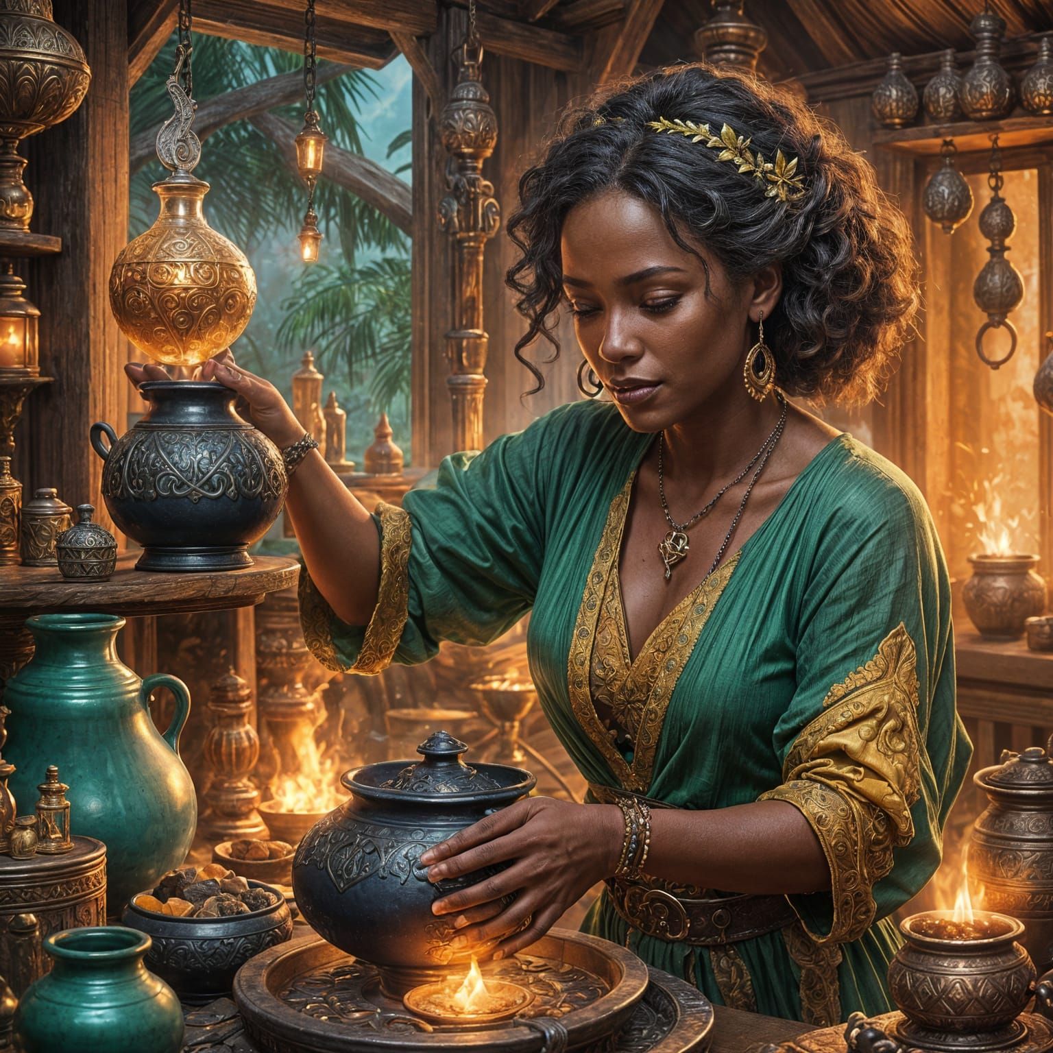 Caribbean Woman Mixing Herbal Potions: Matte Painting