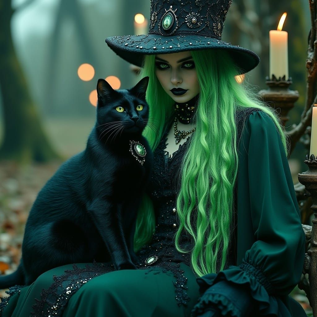Gothic Witch in Victorian Green Dress