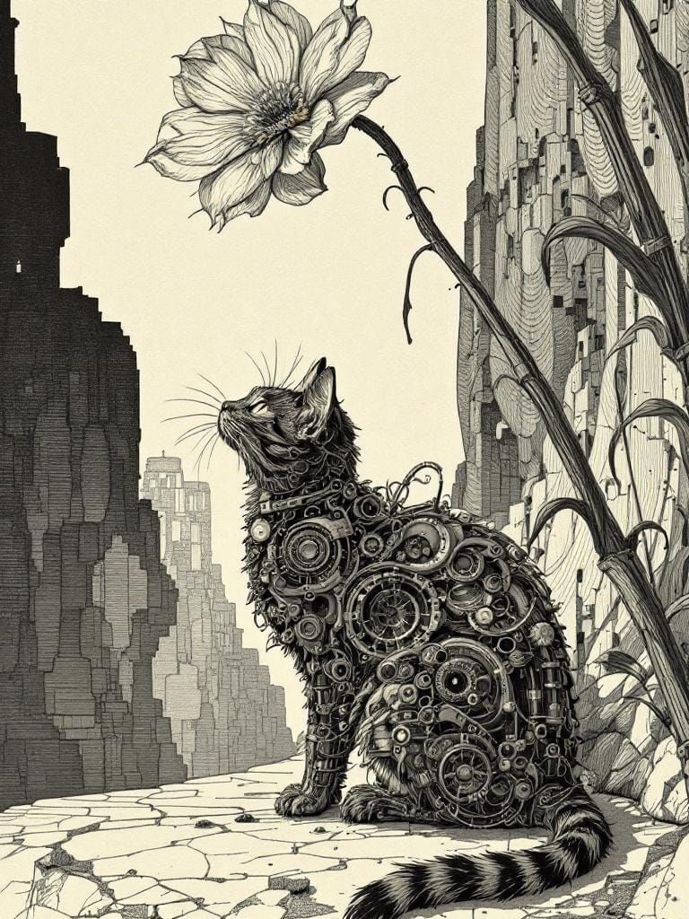 Cat Under Flower in Engraving Style