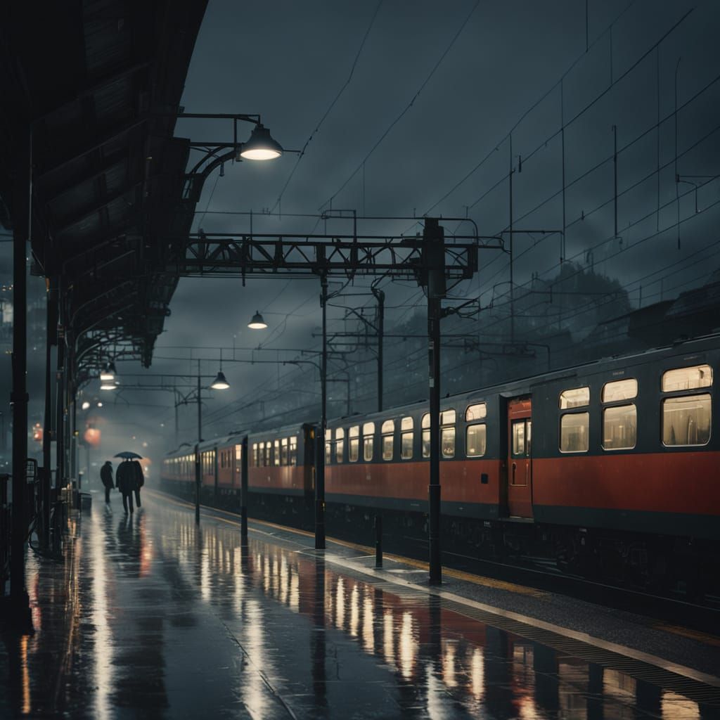 Gloomy Evening Train Station in Moody Film Noir Style