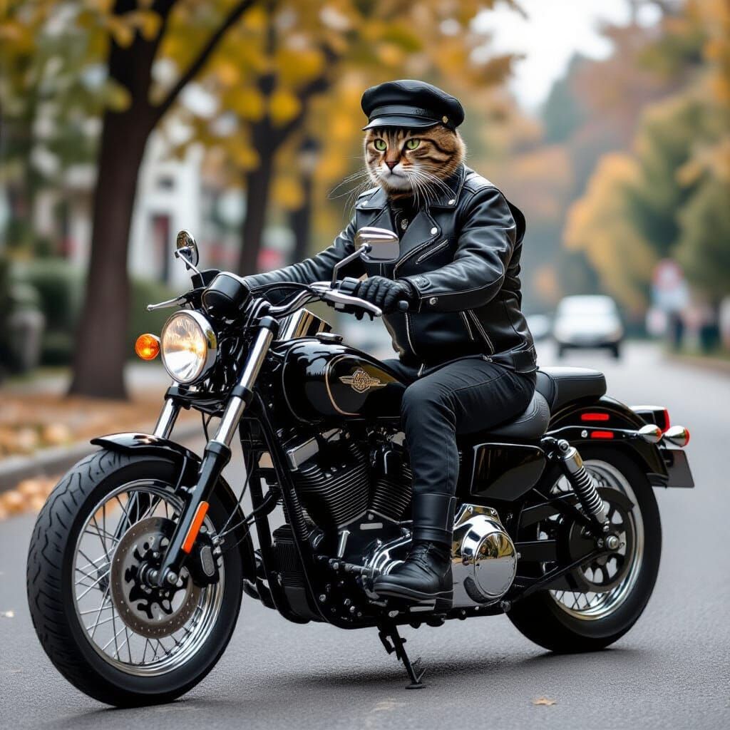 Biker Cat on Motorcycle in Leather Outfit