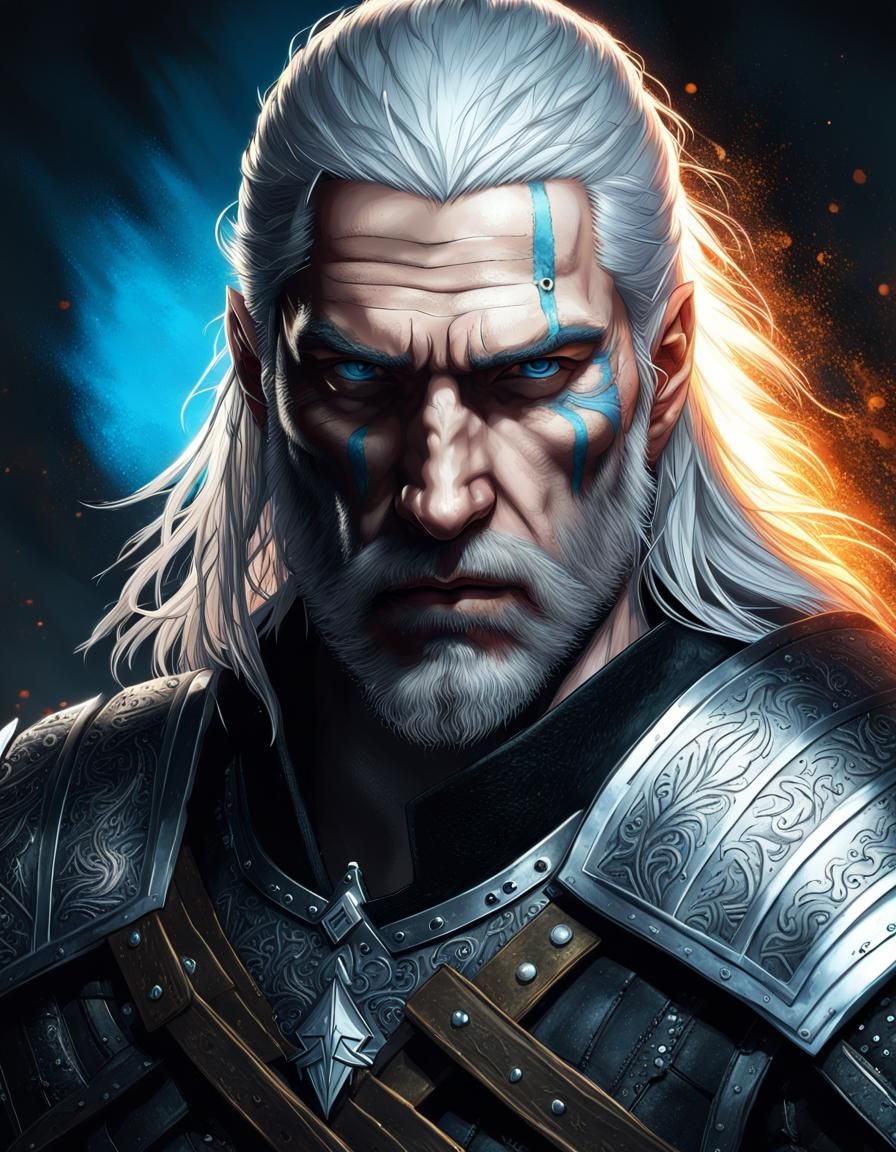 Epic Witcher Portrait with Silver Sword and Runes