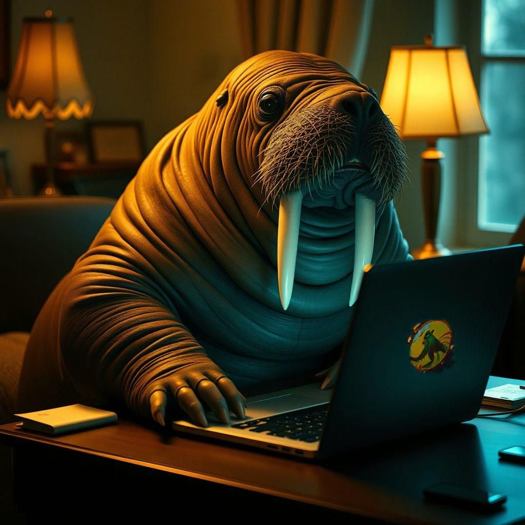 Walrus on Laptop: Cinematic Still of Internet Fun