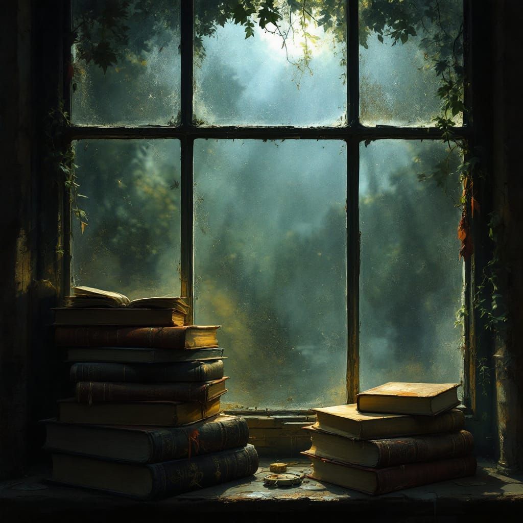 Antique Bookshop Window Display in Dark Fantasy Style