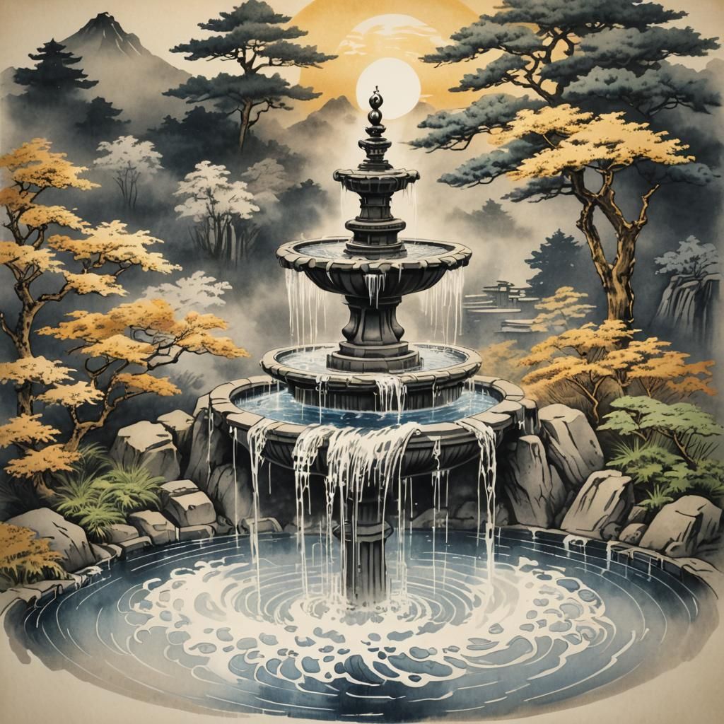 Serene Ukiyo-e Fountain with Hokusai Waves