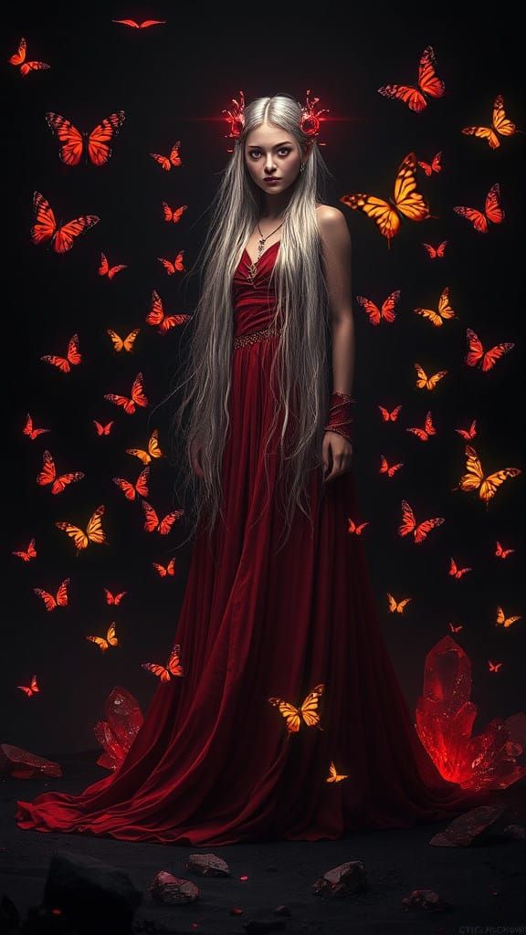 Surrealist Goddess in Scarlet Imperial Robes with Glowing Bu...