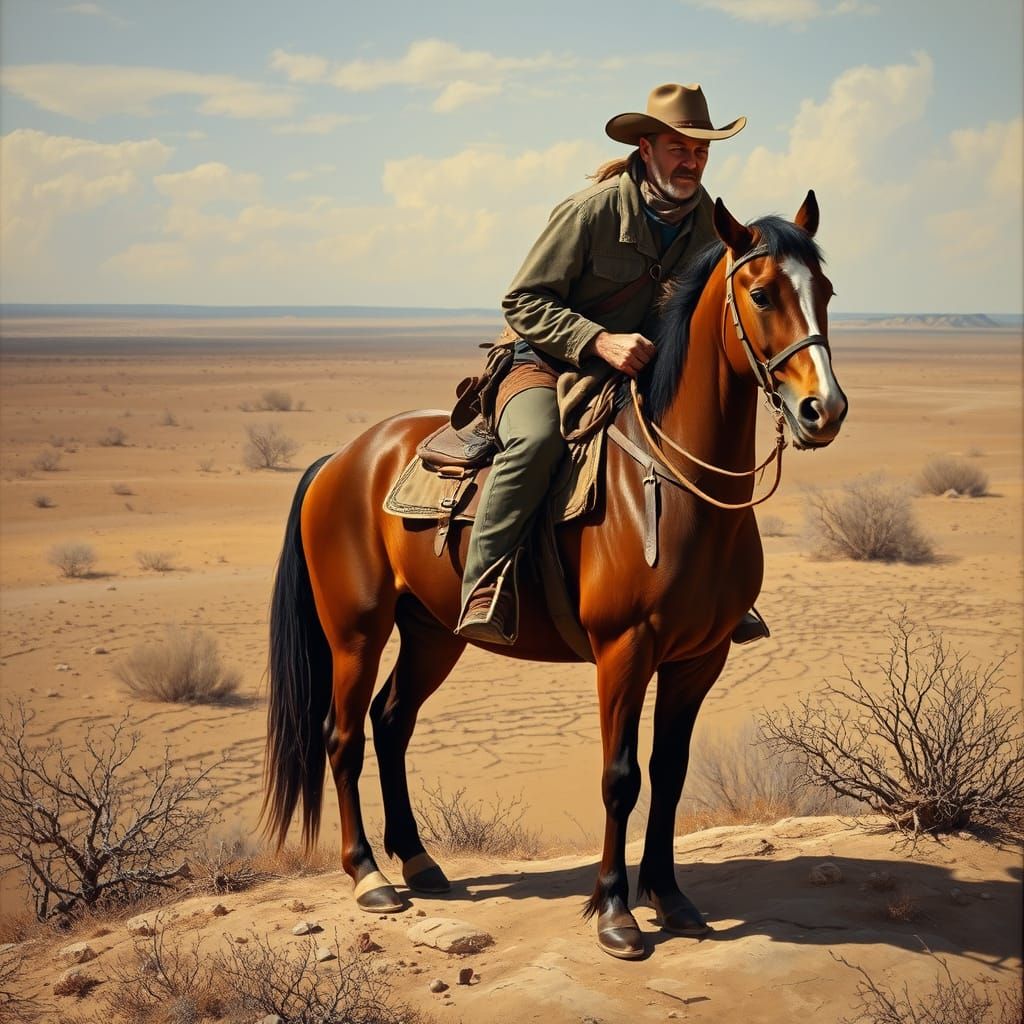 Cowboy Contemplates Crossing the Dakota Bad Lands in a Weste...