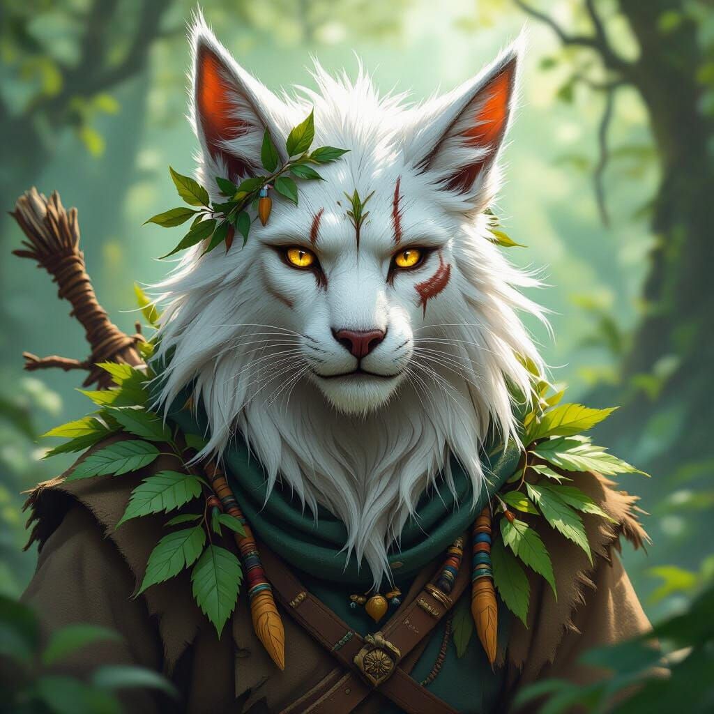 Wise Tabaxi Nomad in Lush Forest, Digital Art