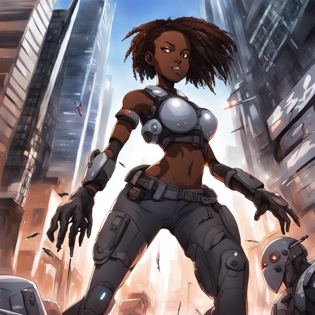 African-American Cyborg Fighting Aliens in Anime Style